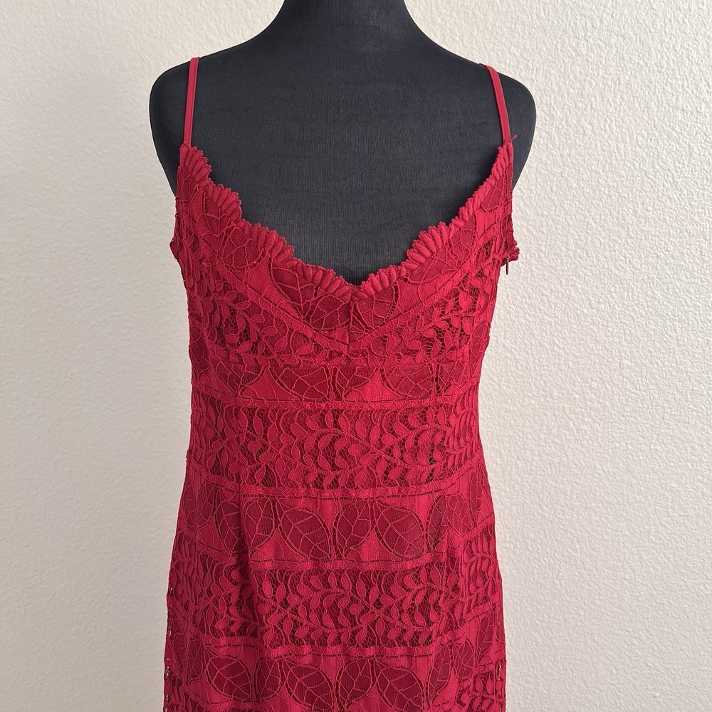 Medium Red Lace Midi Dress Bodycon Spaghetti Strap Cocktail Party Dress Romantic - Picture 4 of 11